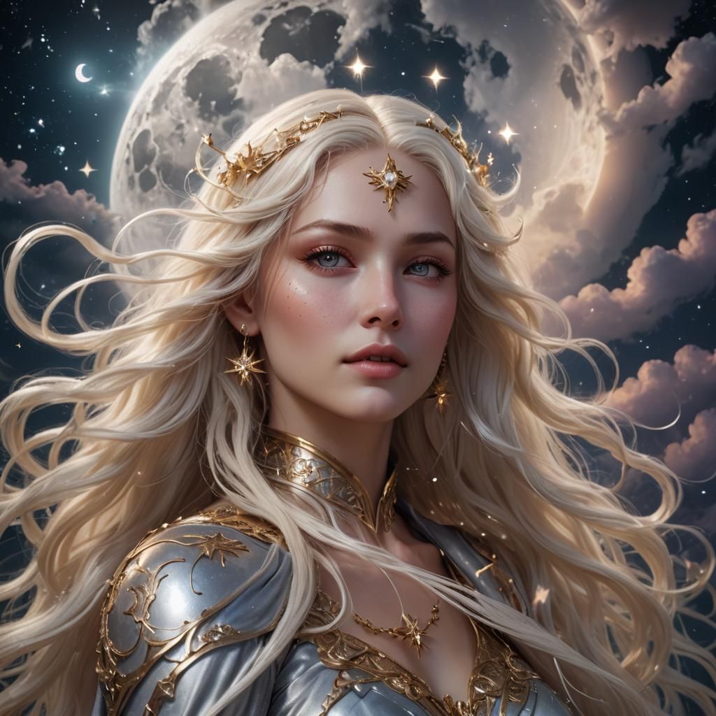 Goddess with Platinum Hair and Twinkling Stars