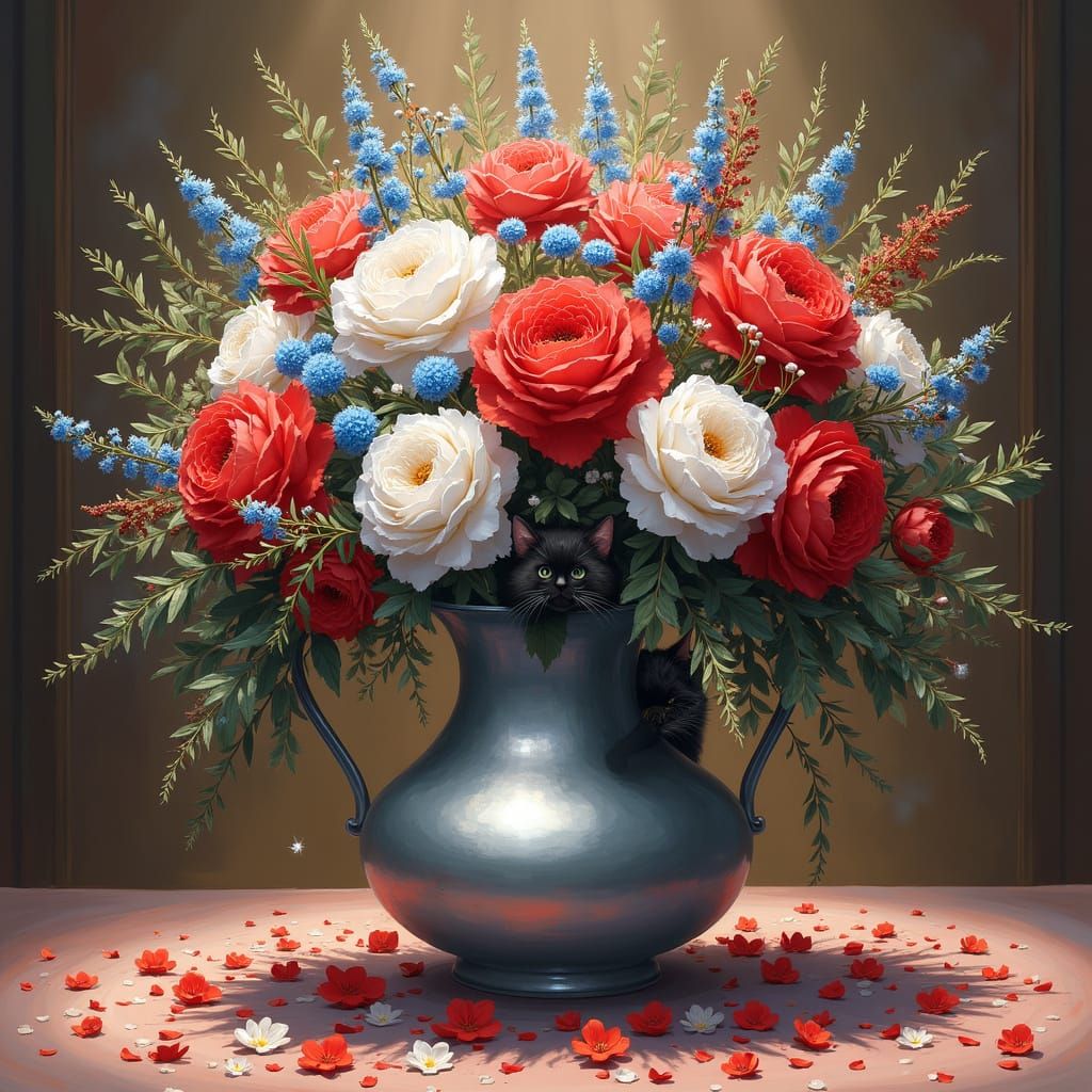Vibrant Wildflowers Spill from a Silver Vase in Whimsical An...