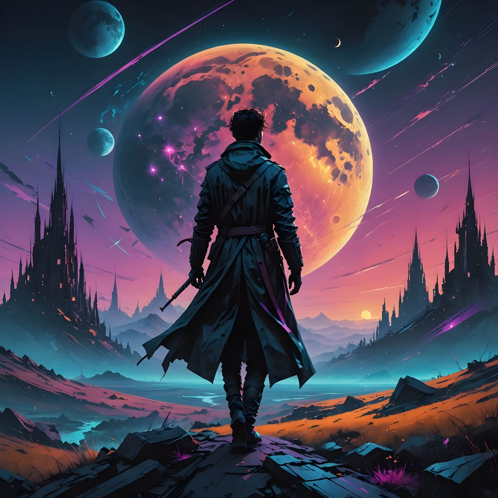 Ethereal Synthwave Gothic Moonscape in Acrylic Art