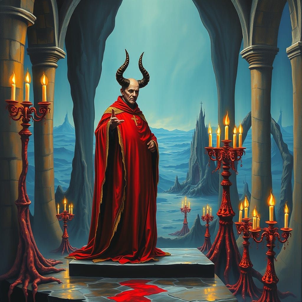 A Satanic Priest in a Distorted Church, in Melting Oil on Ca...