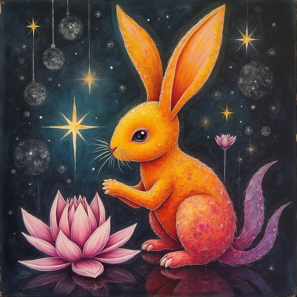 Chibi Wuxia  rabbit surreal child's drawing , Lotus Mind ,  rayograph Man Ray collection of random b&W objects, light re...