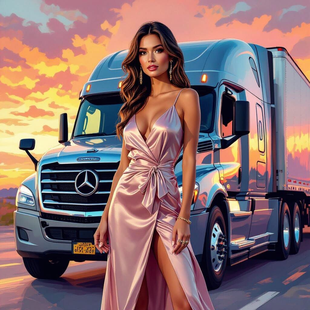 Elegant Woman and Mercedes Truck in Digital Painting Style