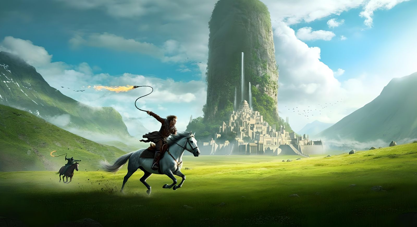 Fantasy Chase: Rider Escaping Nazgul in Field