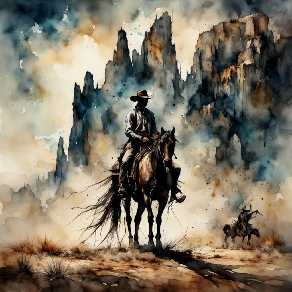 Handsome Cowboy and Horse in Desert Landscape