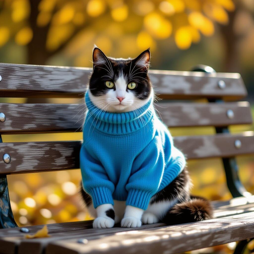 Black and White Cat in Dodger Blue Sweater on Park Bench