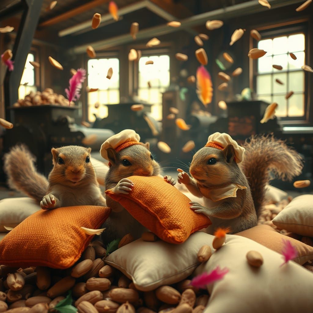 Squirrels' Nutty Pillow Fight in a Factory