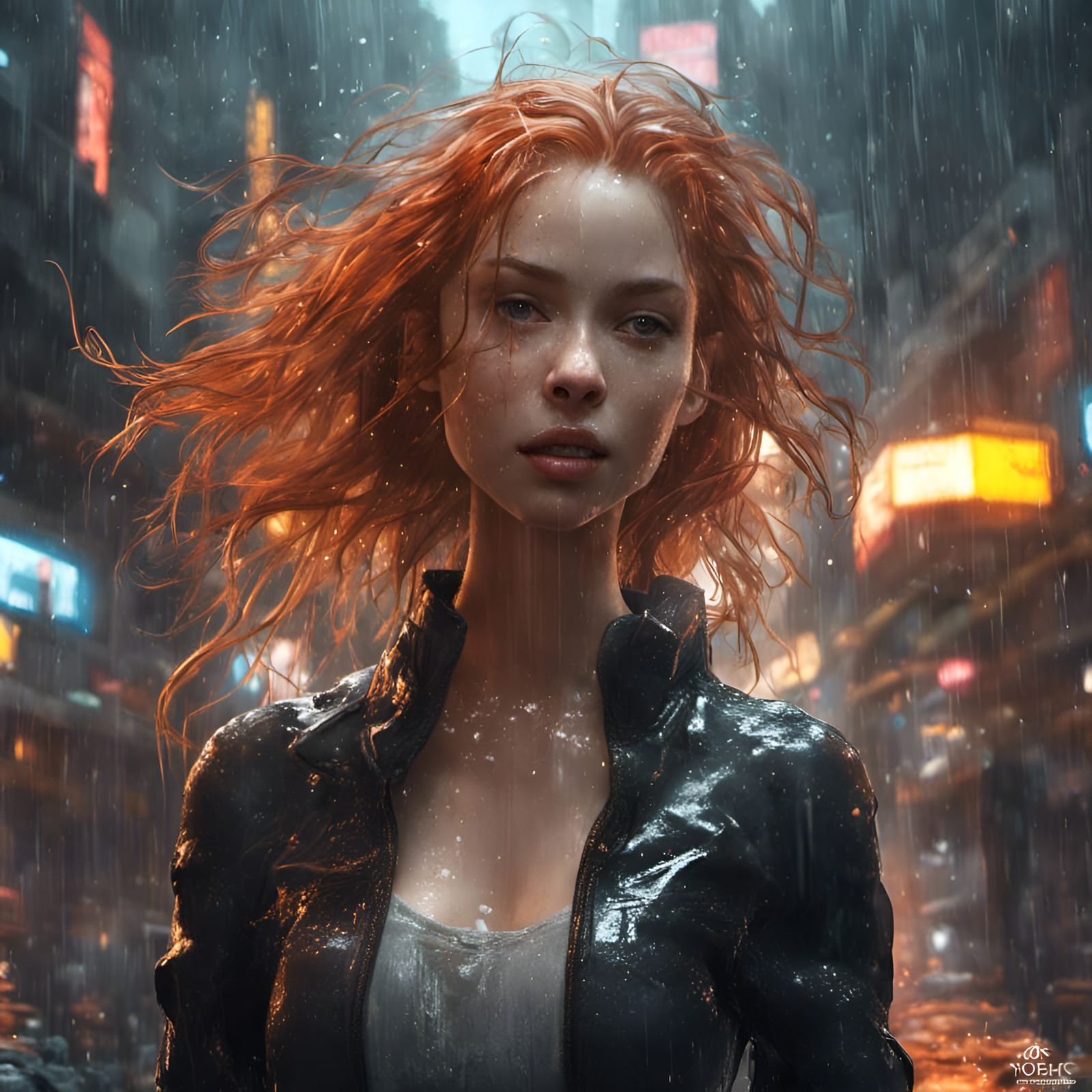 Goddess with Blue Hair in Heavy Rain