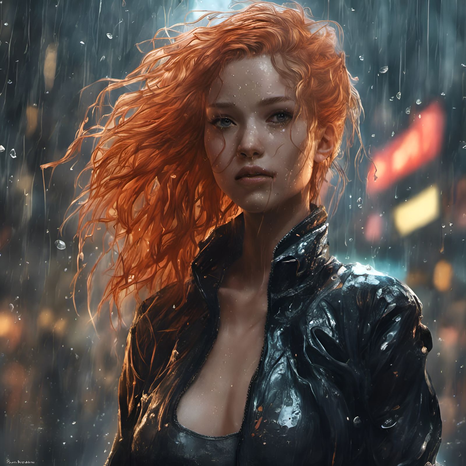 Blue-Haired Goddess in Rain, Digital Art