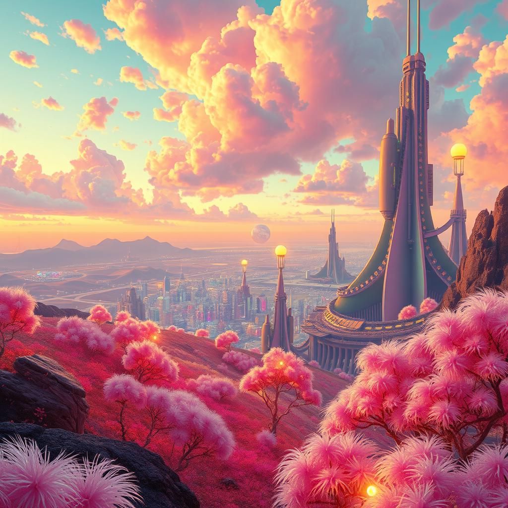 A distorted, abstract utopia, with a dreamlike sky, a surrea...