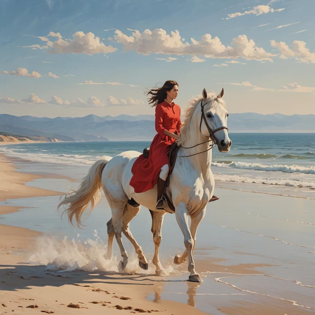 Woman on White Horse: Minimalist Beach Scene