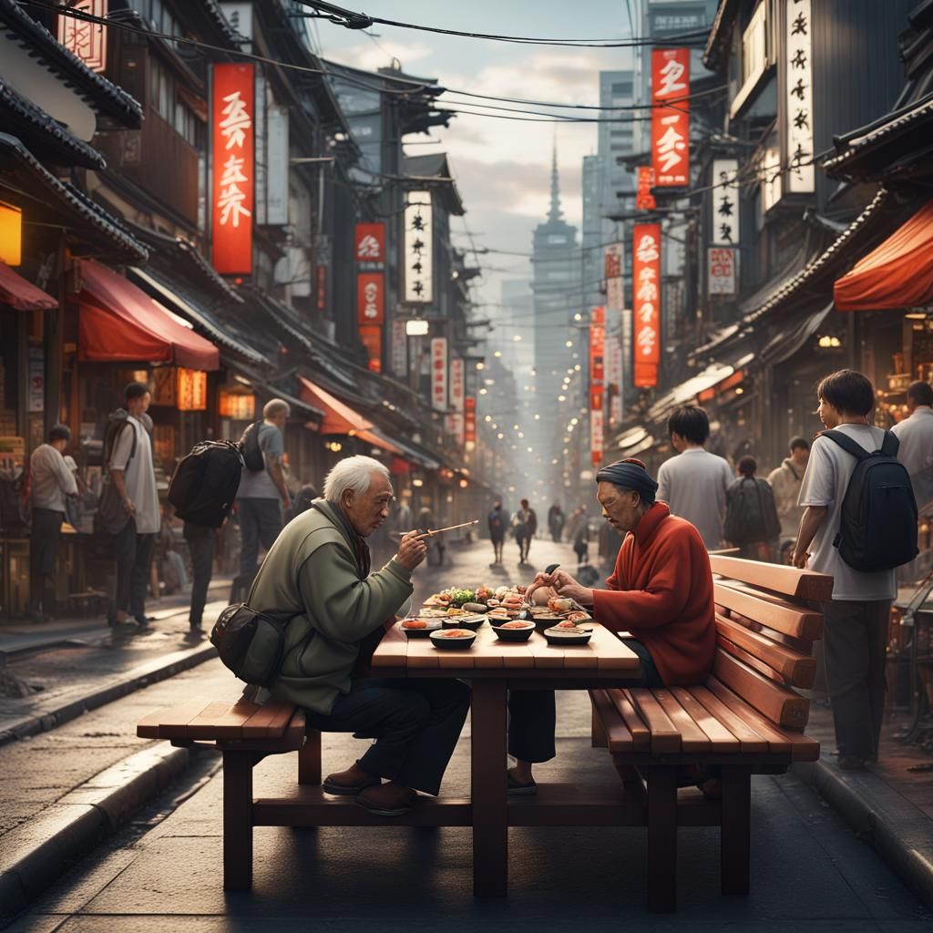 Bustling Japanese Street Scene in Detailed Matte Painting