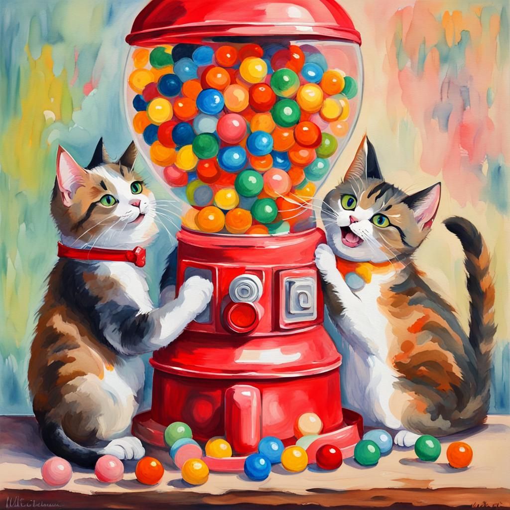 Happy Cats and Gumball Machine in Gouache Style