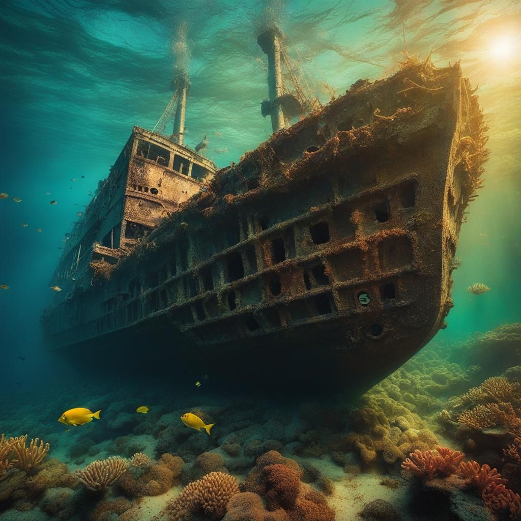 Detailed Sealife in Sunken Shipwreck Scene