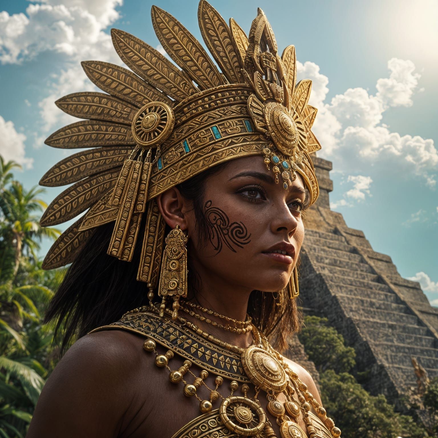 Aztec goddess ixchel wearing futuristic gold jewelry with fa...