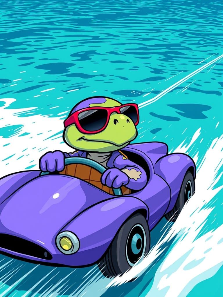 Cartoon Turtle Races Across Aqua Sea