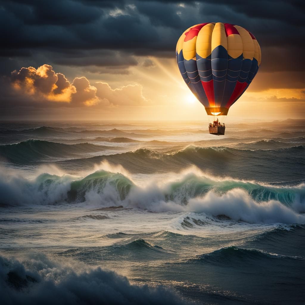 Hot Air Balloon Over Stormy Ocean at Night