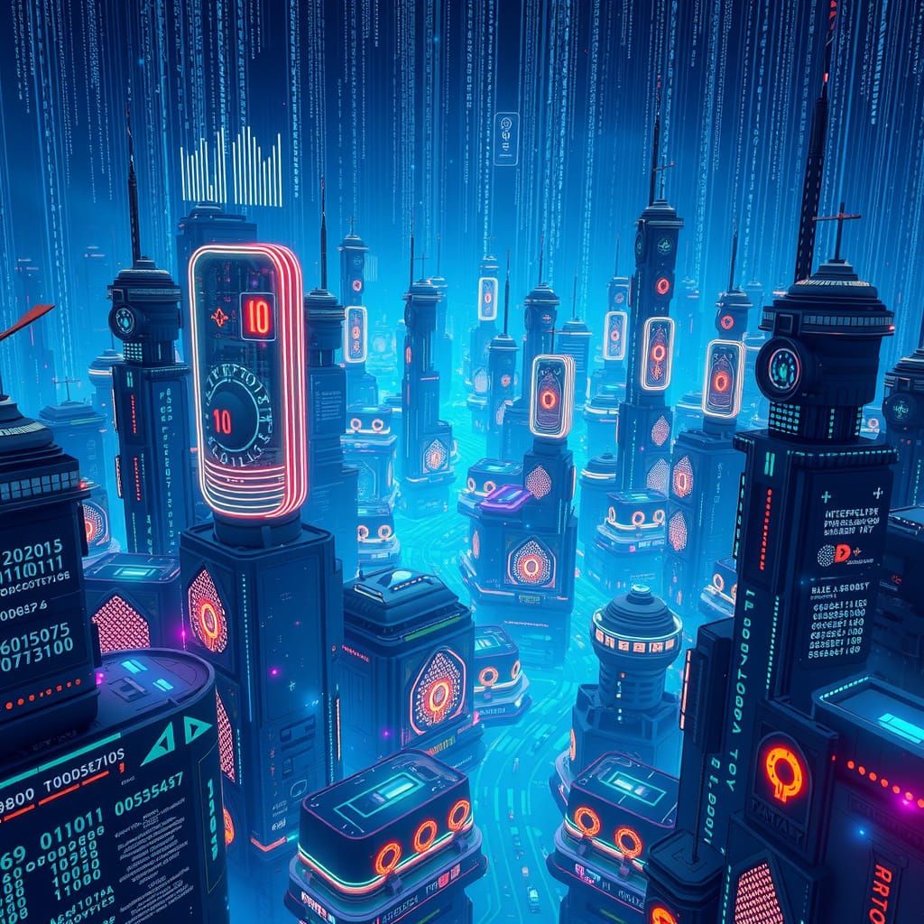 Cyberpunk City Made of Glowing Code and Holograms