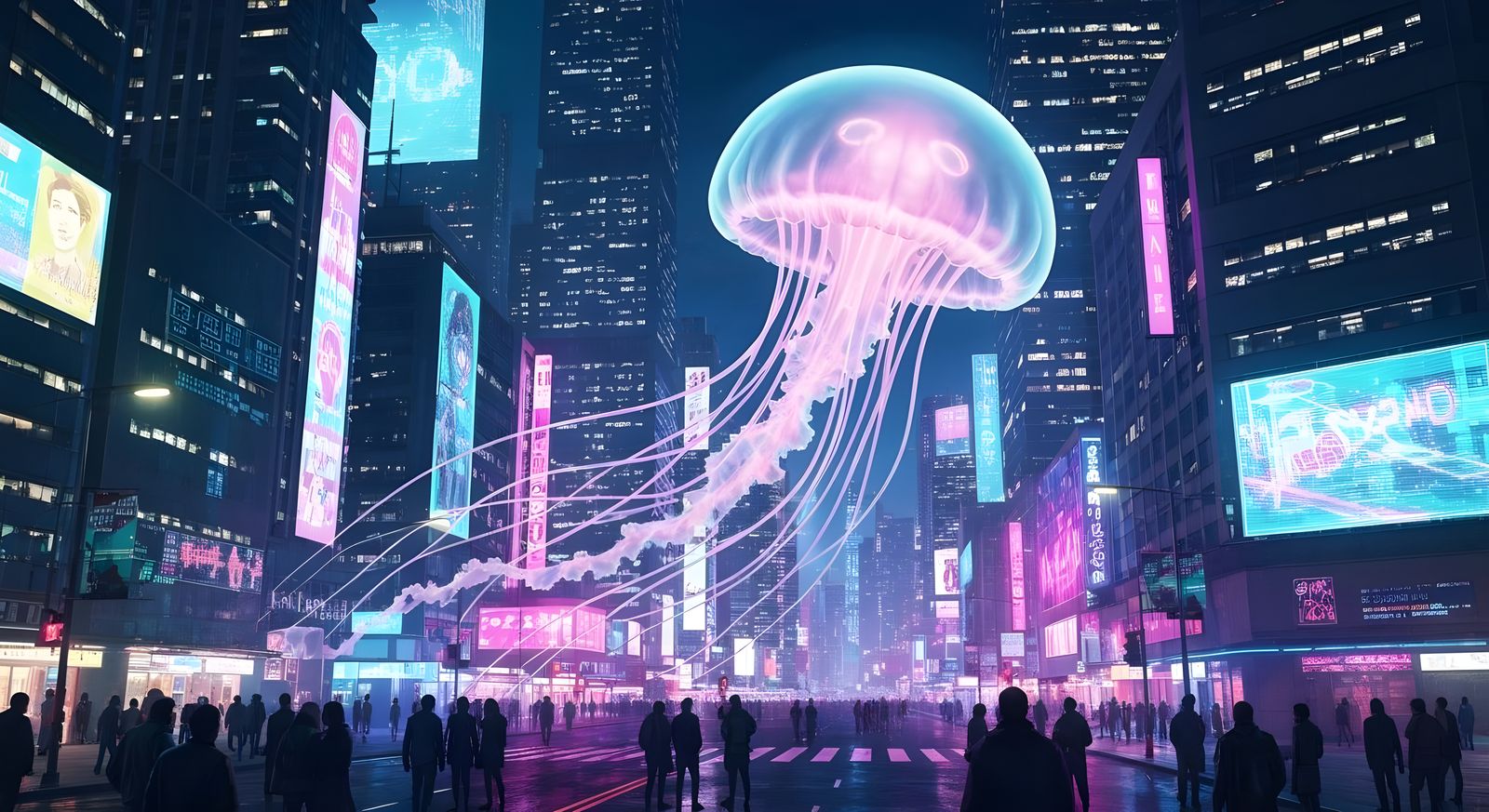 Bioluminescent Jellyfish in Neon Mega-City