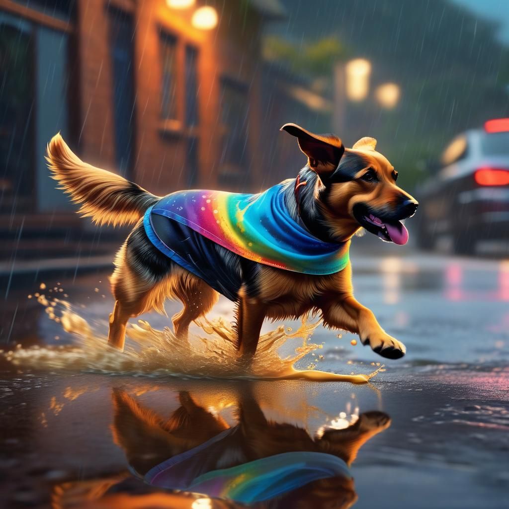 Dog Chasing Tail on Rainy Day: Matte Painting