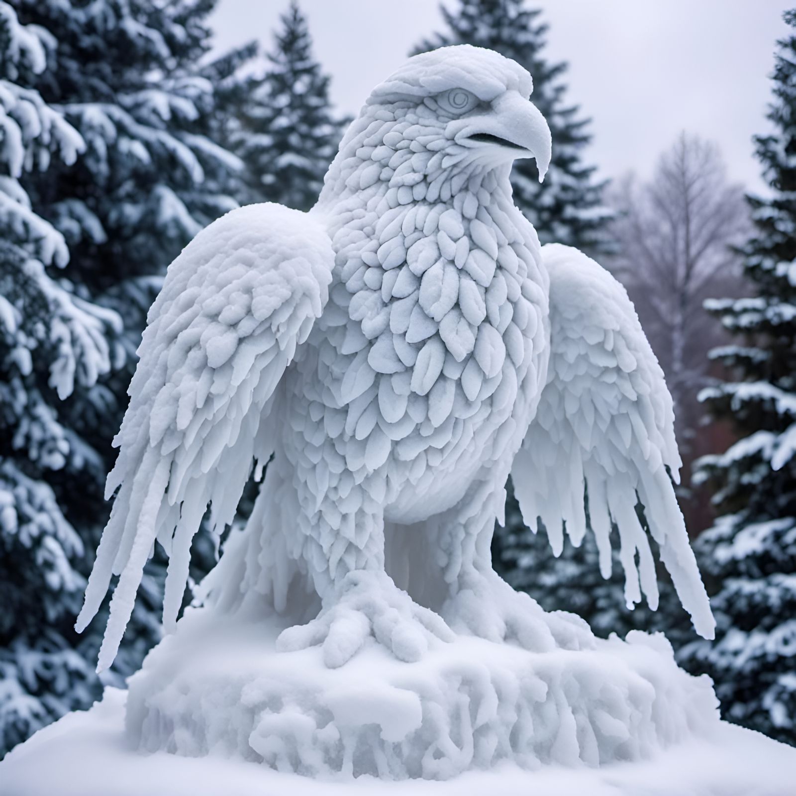 Intricate Snow Eagle Sculpture in Winter Wonderland
