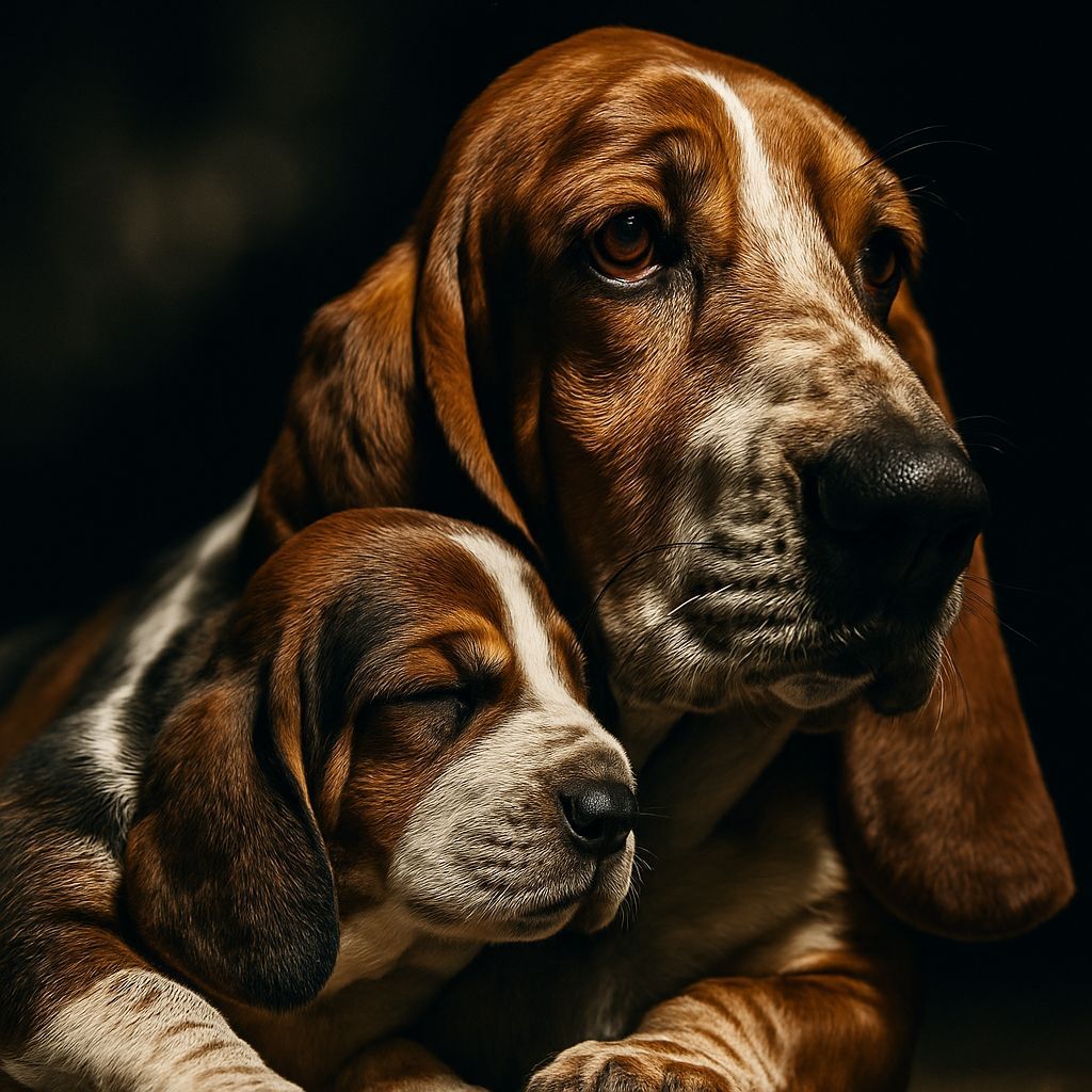 Basset Hound Mom and Pup Snuggle in Dramatic Light
