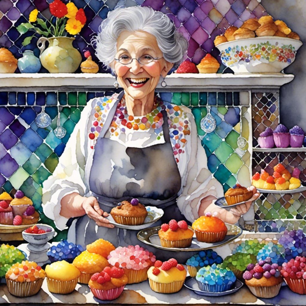 Smiling Elderly Woman with Muffins in Kitchen