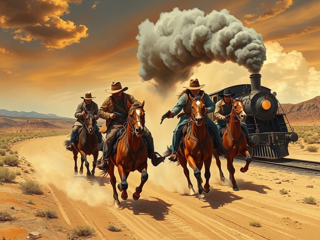 Wild West Outlaws Chase Train in Cinematic Western Art Style