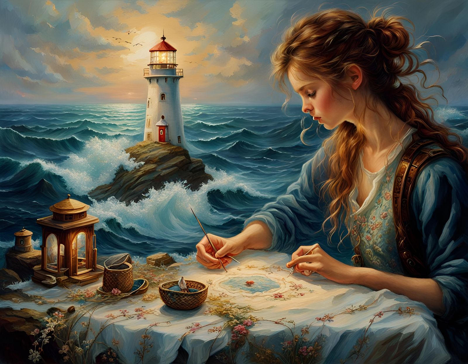Girl Embroidering Lighthouse Scene with Vivid Colors