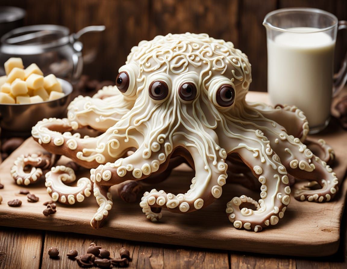 White Chocolate Octopus Sculpture in Rustic Kitchen