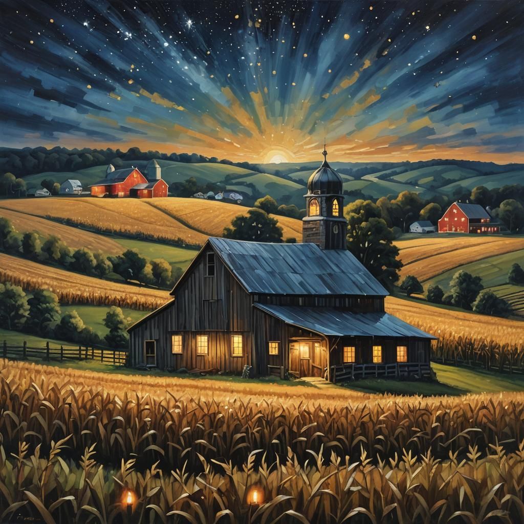 Pennsylvania Barn at Night, Oil Painting Style