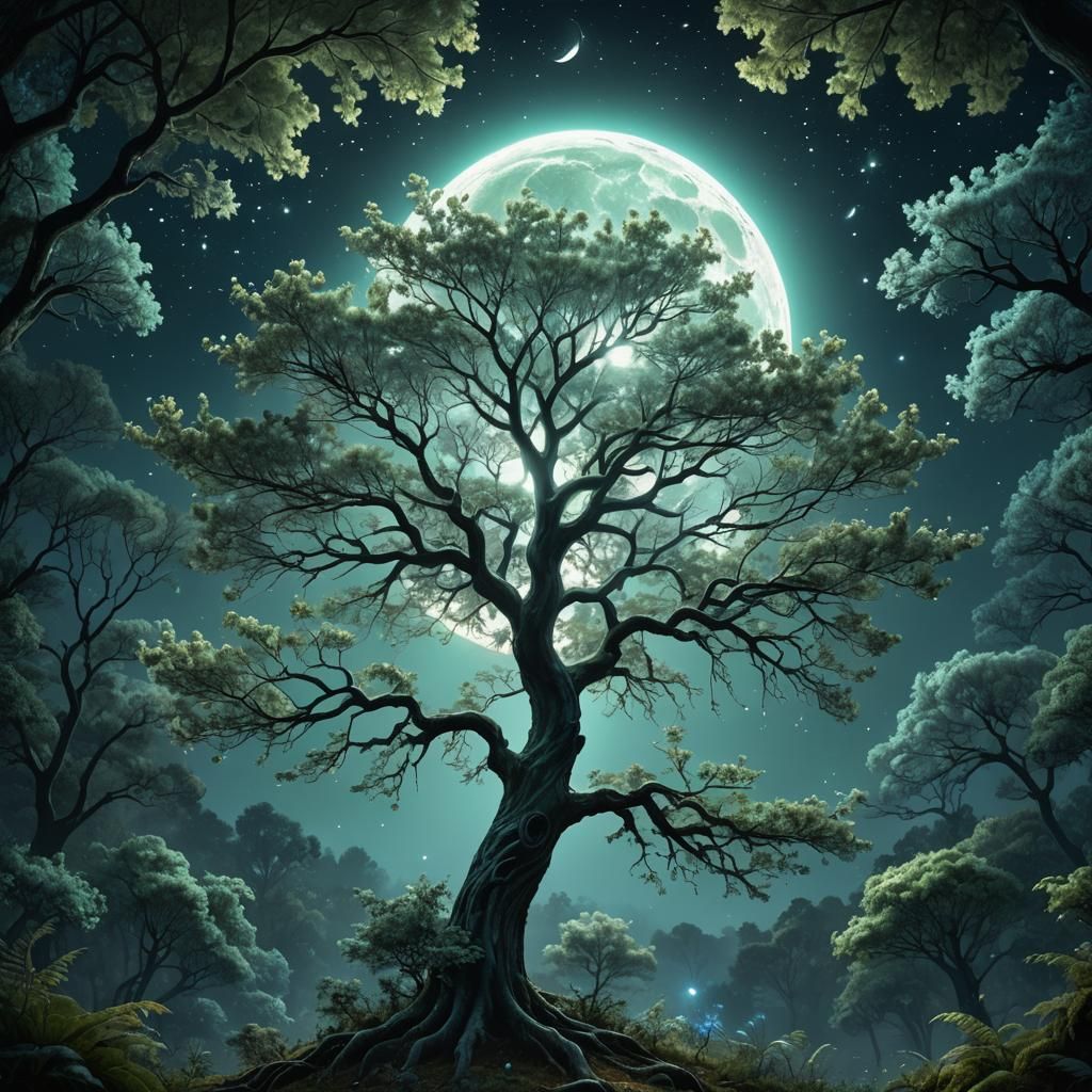 Mystical Glowing Tree in Starry Forest Digital Art
