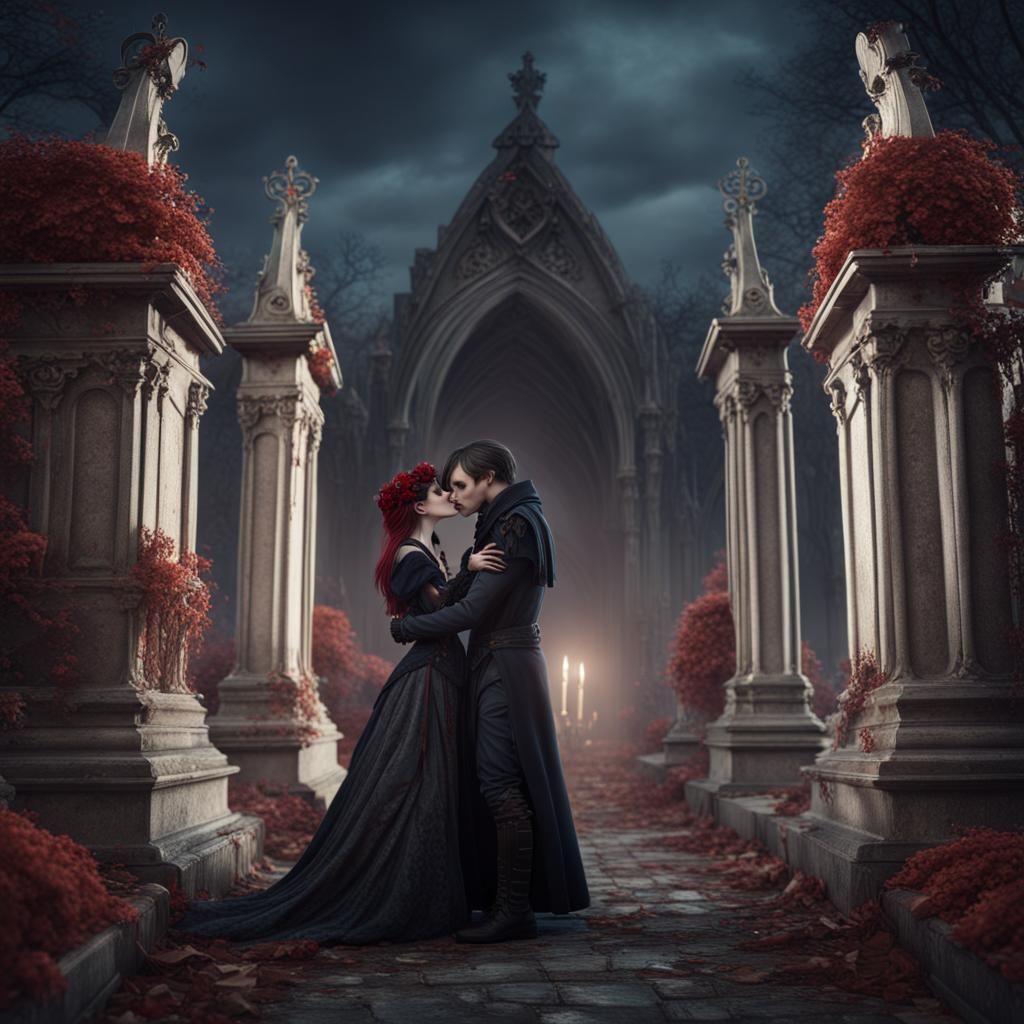 Gothic Prince and Princess Kiss in Cemetery