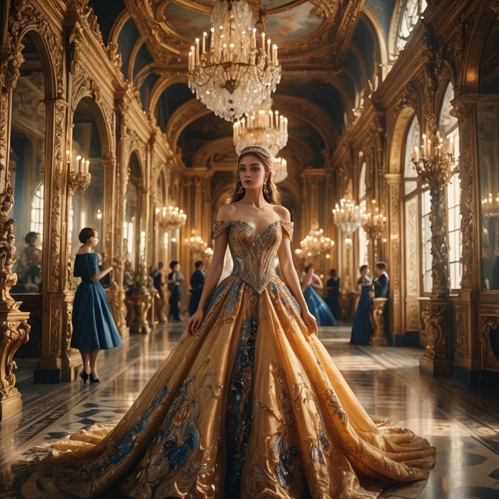 Girl in Gown Wanders Mirrored Hall: Matte Painting