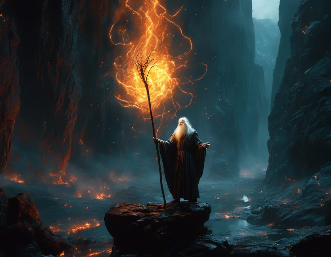 Gandalf Confronts Balrog in Bioluminescent Fantasy Scene