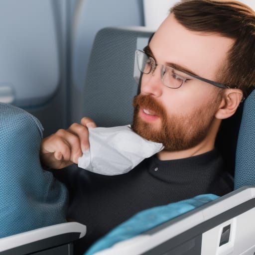 man uses barf bag on a plane