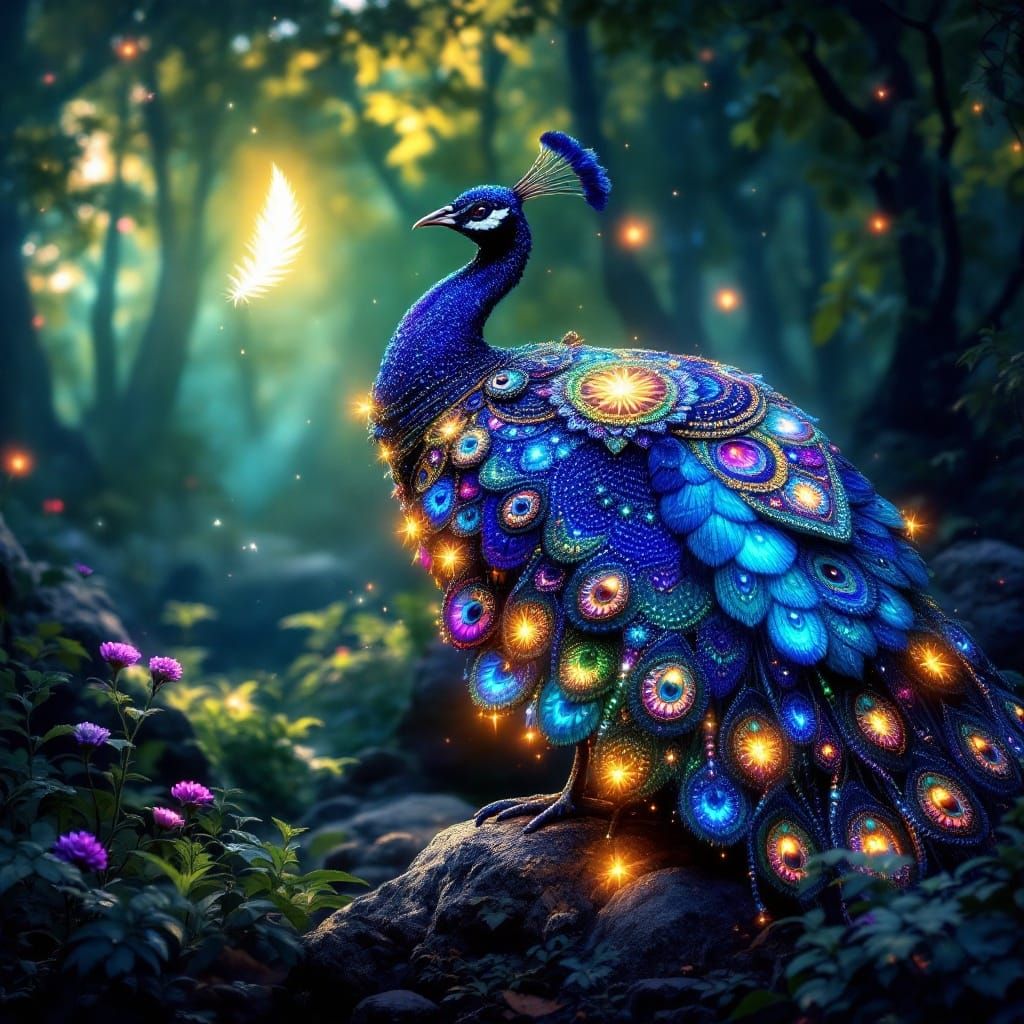 Naif Style Peacock in Huichol Regalia