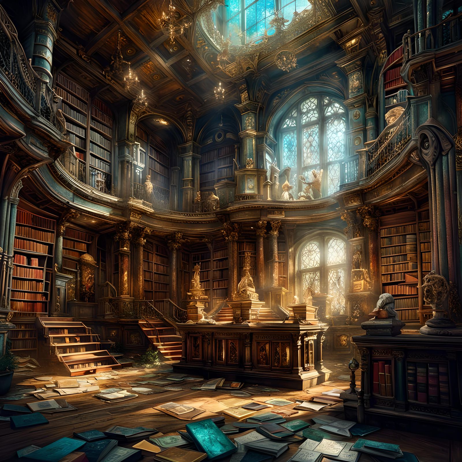 Fantasy Library with Ancient Books and Magical Artwork