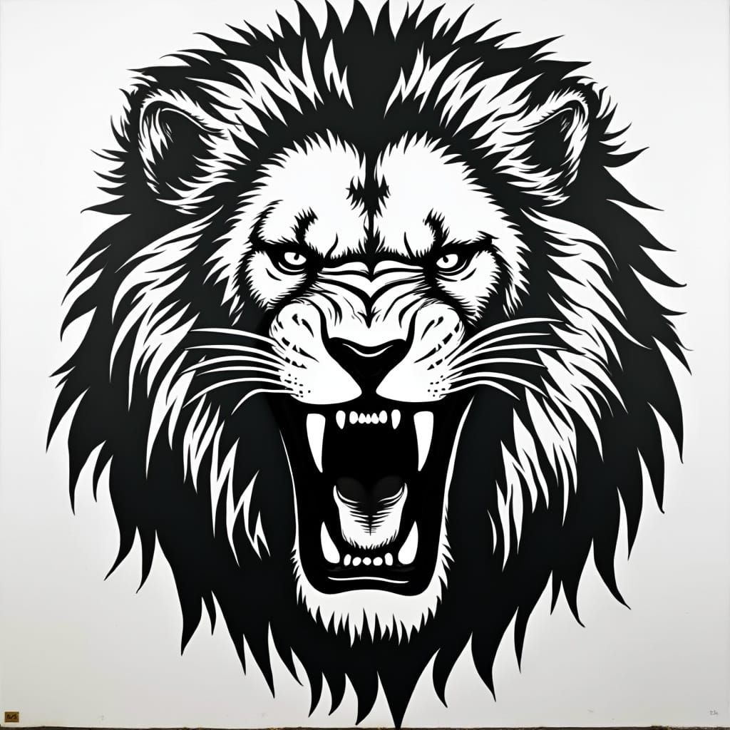 Fierce Stencil Lion in Bold Black and White