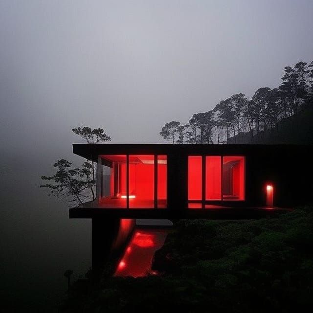 Brutalist House in Rain with Red Lights