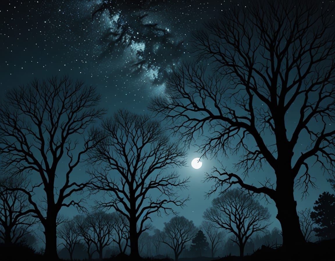 Noir Night Sky: Silhouetted Trees in Moonlight