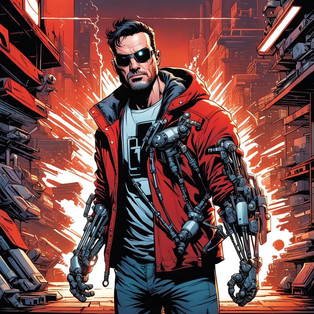 Man with Robotic Arm in Comic Book Style