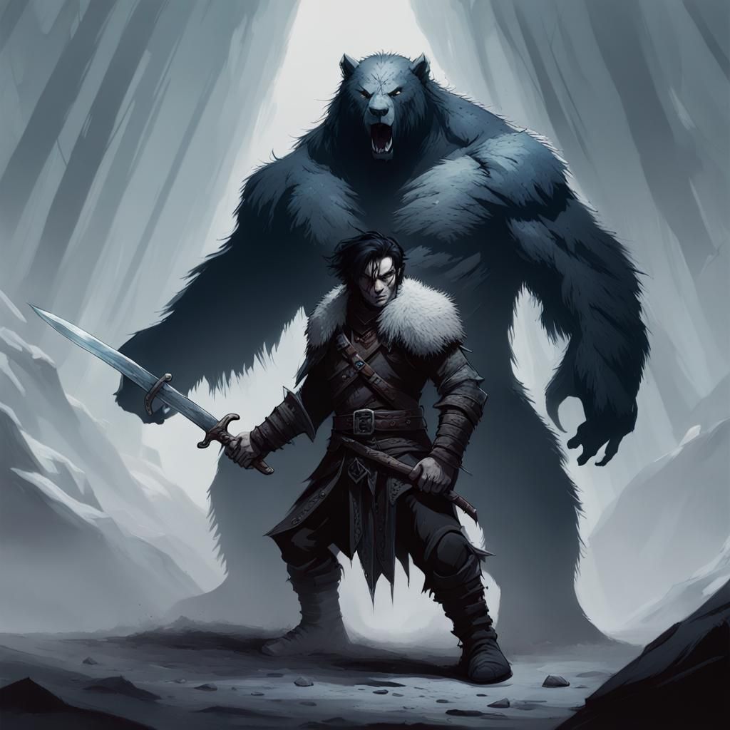 Half-Orc Barbarian Faces Shadow Beast in Ethereal Fantasy