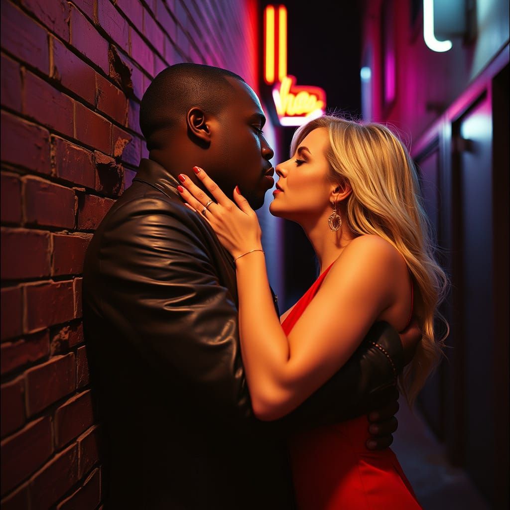 A Black Man and Blonde Woman Clash in a Neon-Lit Alleyway