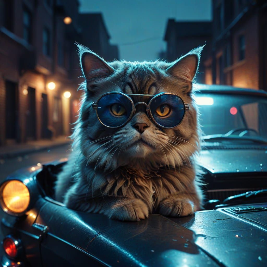 Cyberpunk Cat in 1962 Impala with Neon Lights