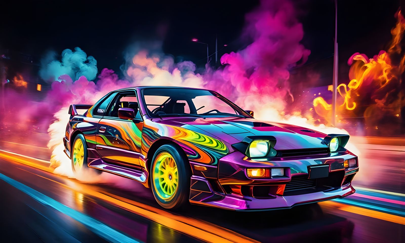 Futuristic Nissan 180SX Drifting in Psychedelic Art