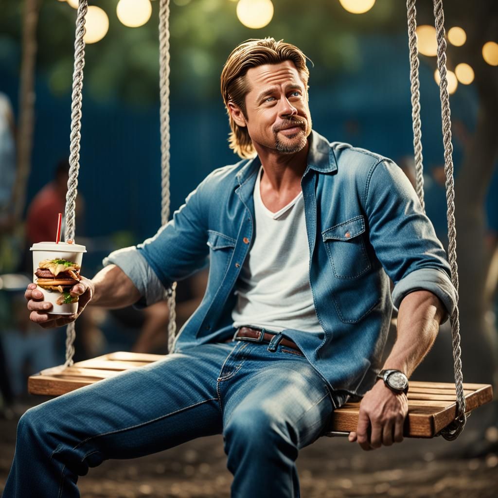 Brad Pitt on Hollywood Swing: Realistic Detailed Portrait