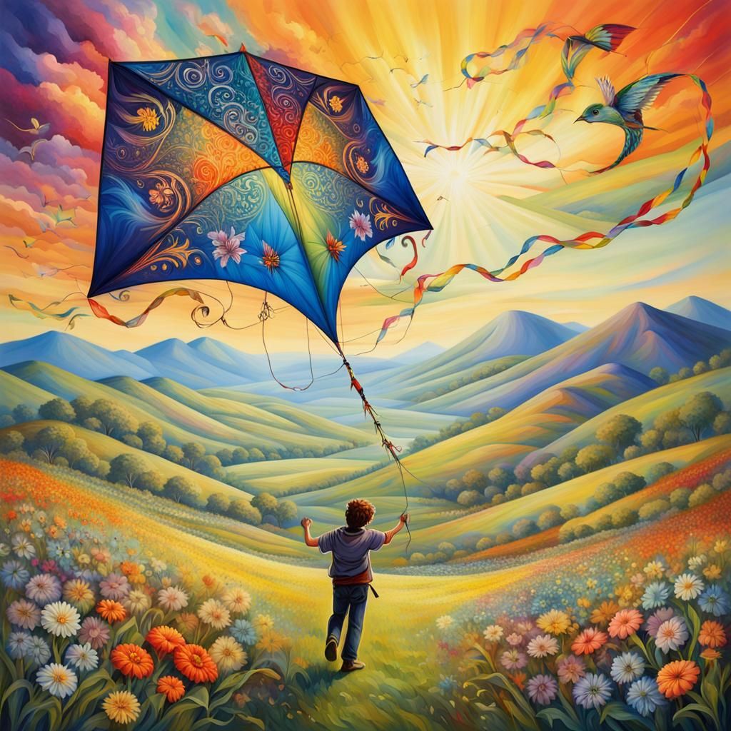 Colorful Kite Soaring Above Lush Flower Meadow