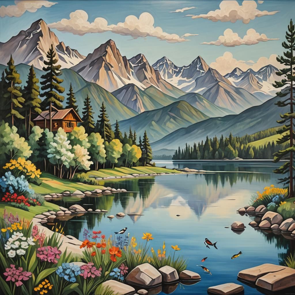 Cubist Landscape Oil Painting with Calm Lake