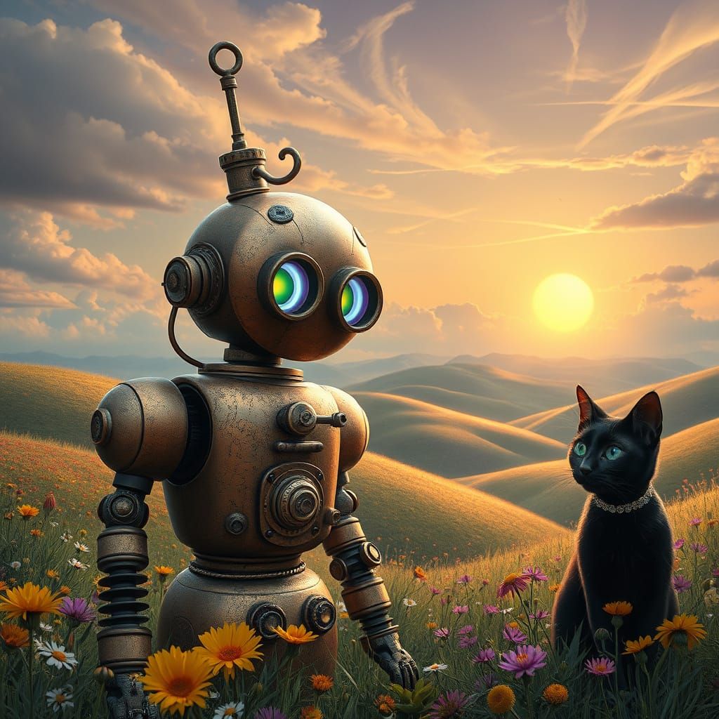 Steampunk Robot and Cat in Dreamy Landscape