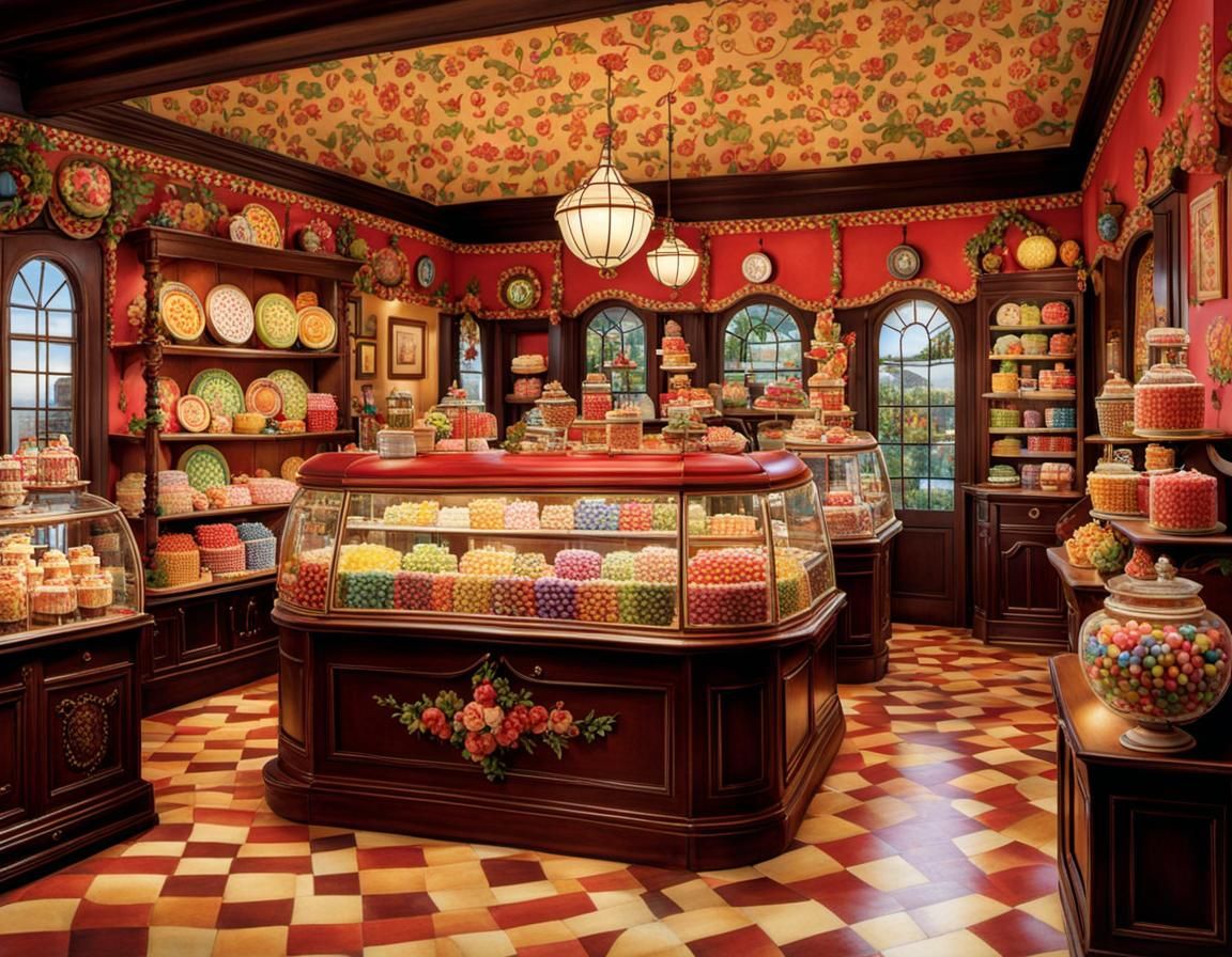 Family in Candy Shop, Detailed Illustration